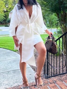 Significant Other Linen white Dress.Elegant White Mini Dress with Draped Front